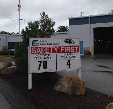 Safety First sign outside the Cape Cod Regional Transit Authority.