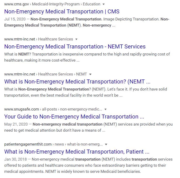 Google Search Results for Non-Emergency Medical Transportation